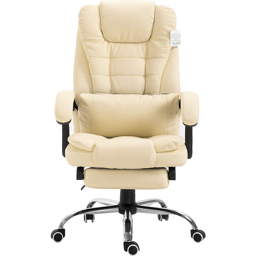 Executive Reclining Desk Chair with Footrest, Headrest and Lumbar Cushion, Cream PU Leather