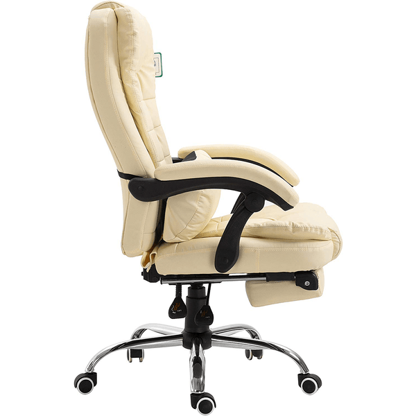 Executive Reclining Computer Desk Chair with Footrest, Headrest and Lumbar Cushion Support Furniture, MR34 Cream PU Leather - daals