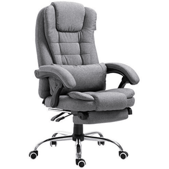 Executive Reclining Desk Chair with Footrest, Headrest and Lumbar Cushion Support, Grey Fabric