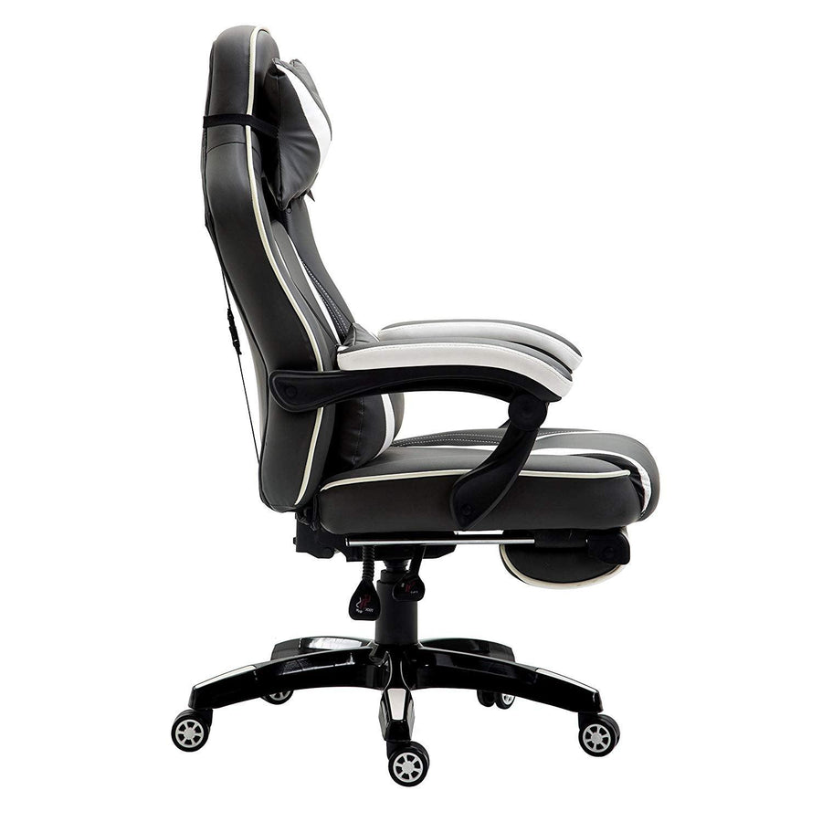 High Back Recliner Gaming Swivel Chair with Footrest & Adjustable Lumbar & Head Cushion, MR49 Black & White
