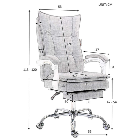Executive Double Layer Padding Recline Office Desk Chair with Footrest, MR77 Grey Fabric