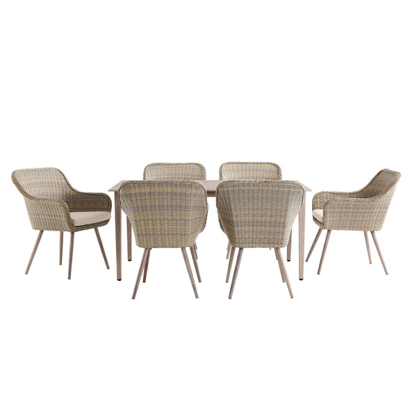 Cliveden Outdoor Aluminium Washed Wood Effect and Round Wicker Rattan 6-Seater Dining Set