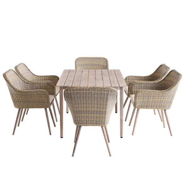 Cliveden Outdoor Aluminium Washed Wood Effect and Round Wicker Rattan 6-Seater Dining Set