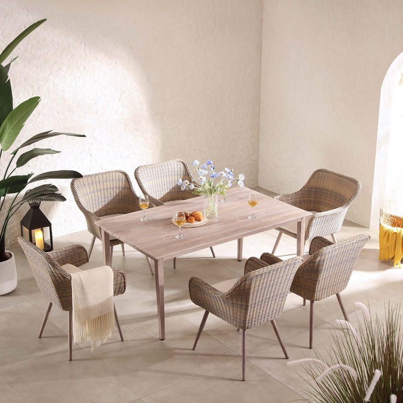 Cliveden Outdoor Aluminium Washed Wood Effect and Round Wicker Rattan 6-Seater Dining Set