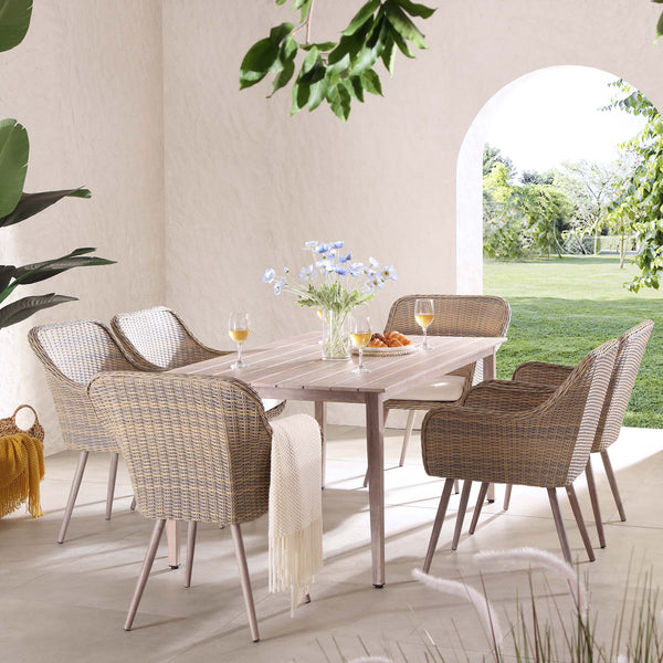 Cliveden Outdoor Aluminium Washed Wood Effect and Round Wicker Rattan 6-Seater Dining Set