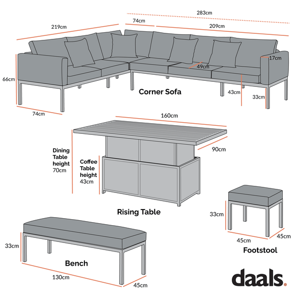 Calabasas Large Outdoor Fabric and Aluminium Corner Casual Dining Set with Rising Table, Taupe