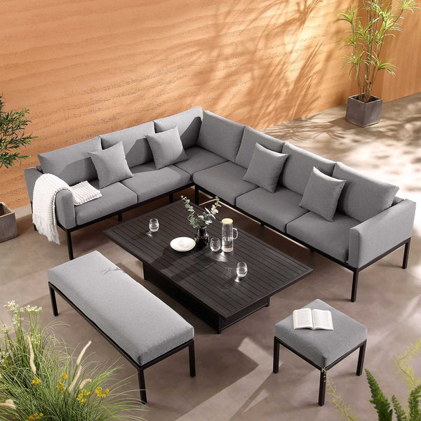 Calabasas Large Outdoor Fabric and Aluminium Corner Casual Dining Set with Rising Table, Dark Grey