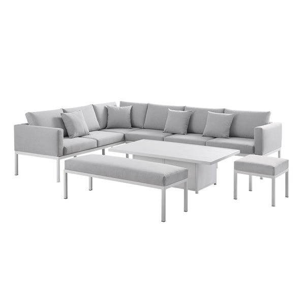 Calabasas Large Outdoor Fabric and Aluminium Corner Casual Dining Set with Rising Table, Light Grey