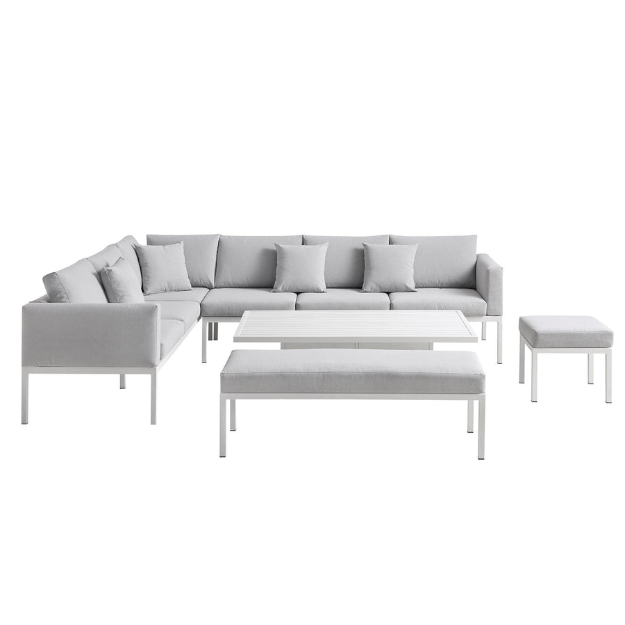 Calabasas Large Outdoor Fabric and Aluminium Corner Casual Dining Set with Rising Table, Light Grey