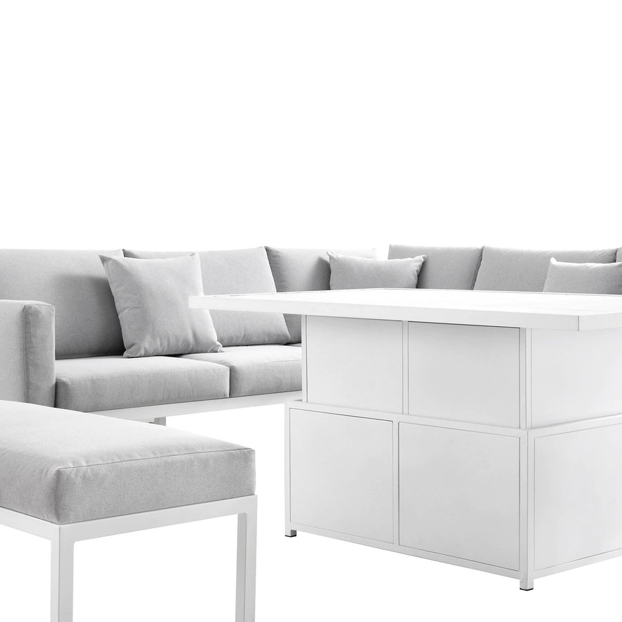 Calabasas Large Outdoor Fabric and Aluminium Corner Casual Dining Set with Rising Table, Light Grey