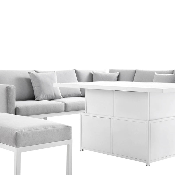 Calabasas Large Outdoor Fabric and Aluminium Corner Casual Dining Set with Rising Table, Light Grey