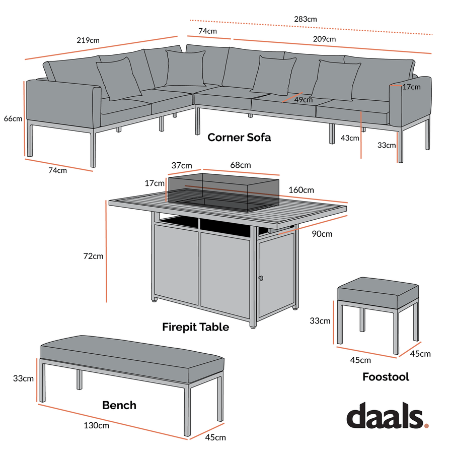 Calabasas Large Outdoor Fabric and Aluminium Corner Casual Dining Set with Firepit Table, Taupe