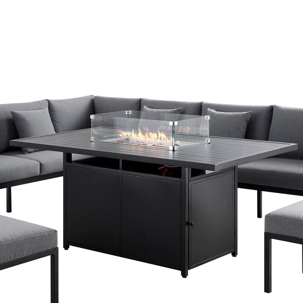 Calabasas Large Outdoor Fabric and Aluminium Corner Casual Dining Set with Firepit Table, Dark Grey