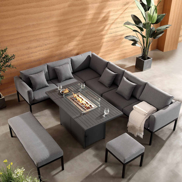 Calabasas Large Outdoor Fabric and Aluminium Corner Casual Dining Set with Firepit Table, Dark Grey