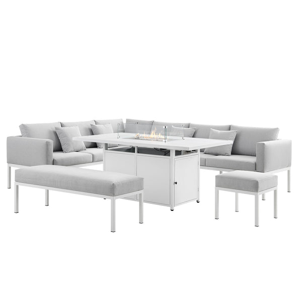 Calabasas Large Outdoor Fabric and Aluminium Corner Casual Dining Set with Firepit Table, Light Grey