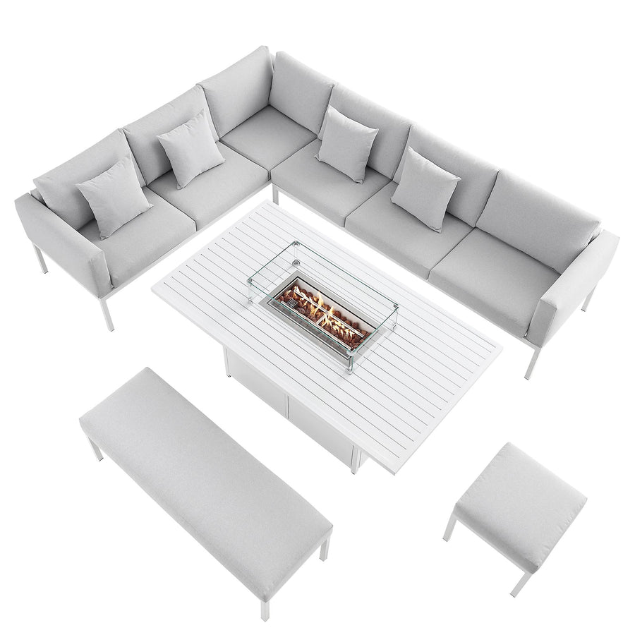 Calabasas Large Outdoor Fabric and Aluminium Corner Casual Dining Set with Firepit Table, Light Grey