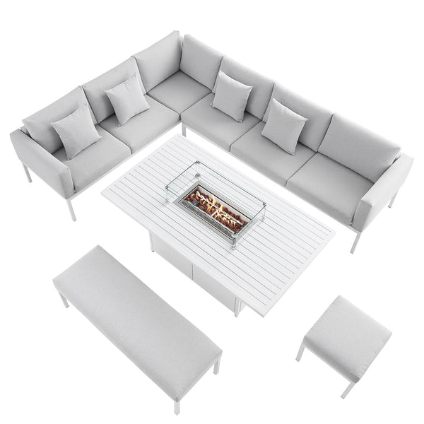Calabasas Large Outdoor Fabric and Aluminium Corner Casual Dining Set with Firepit Table, Light Grey