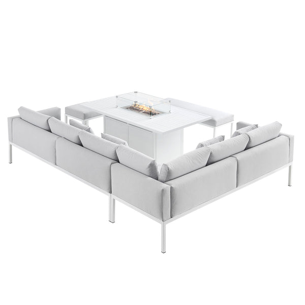 Calabasas Large Outdoor Fabric and Aluminium Corner Casual Dining Set with Firepit Table, Light Grey