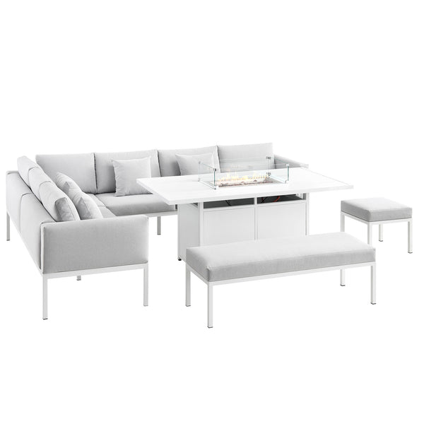 Calabasas Large Outdoor Fabric and Aluminium Corner Casual Dining Set with Firepit Table, Light Grey