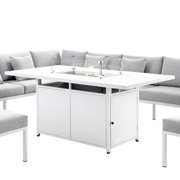 Calabasas Large Outdoor Fabric and Aluminium Corner Casual Dining Set with Firepit Table, Light Grey