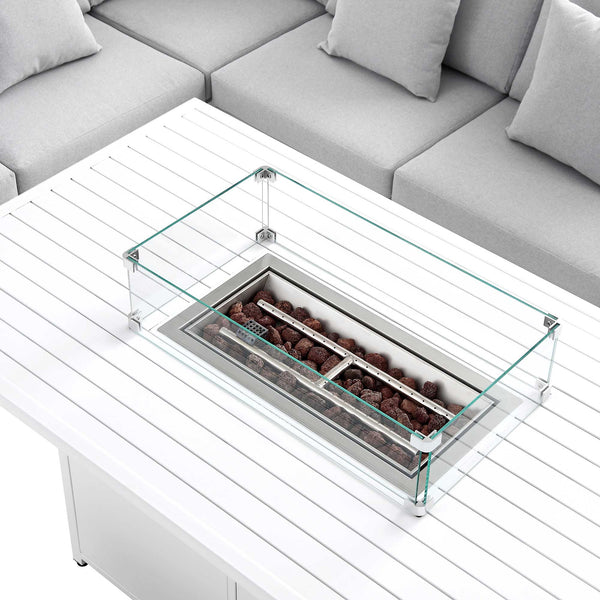 Calabasas Large Outdoor Fabric and Aluminium Corner Casual Dining Set with Firepit Table, Light Grey