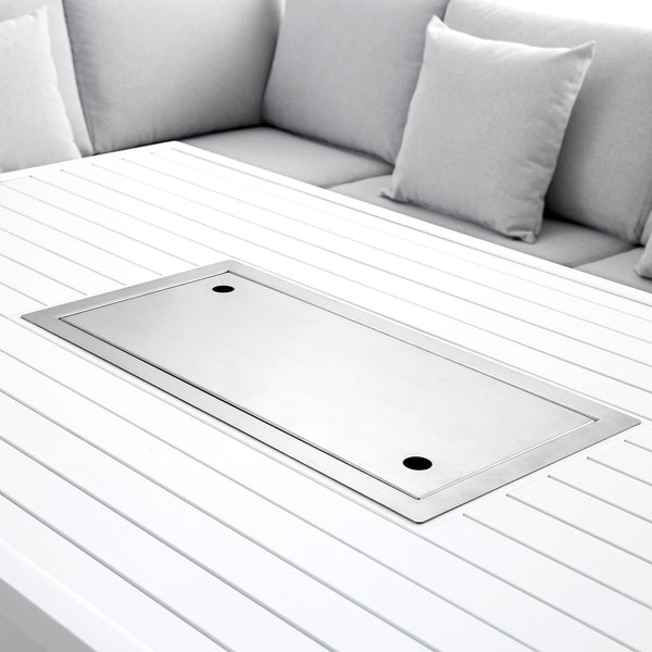 Calabasas Large Outdoor Fabric and Aluminium Corner Casual Dining Set with Firepit Table, Light Grey