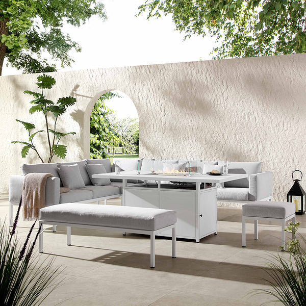 Calabasas Large Outdoor Fabric and Aluminium Corner Casual Dining Set with Firepit Table, Light Grey