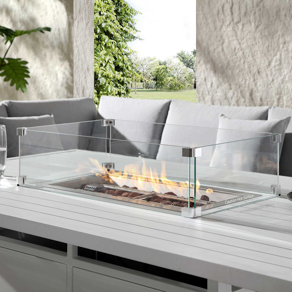 Calabasas Large Outdoor Fabric and Aluminium Corner Casual Dining Set with Firepit Table, Light Grey