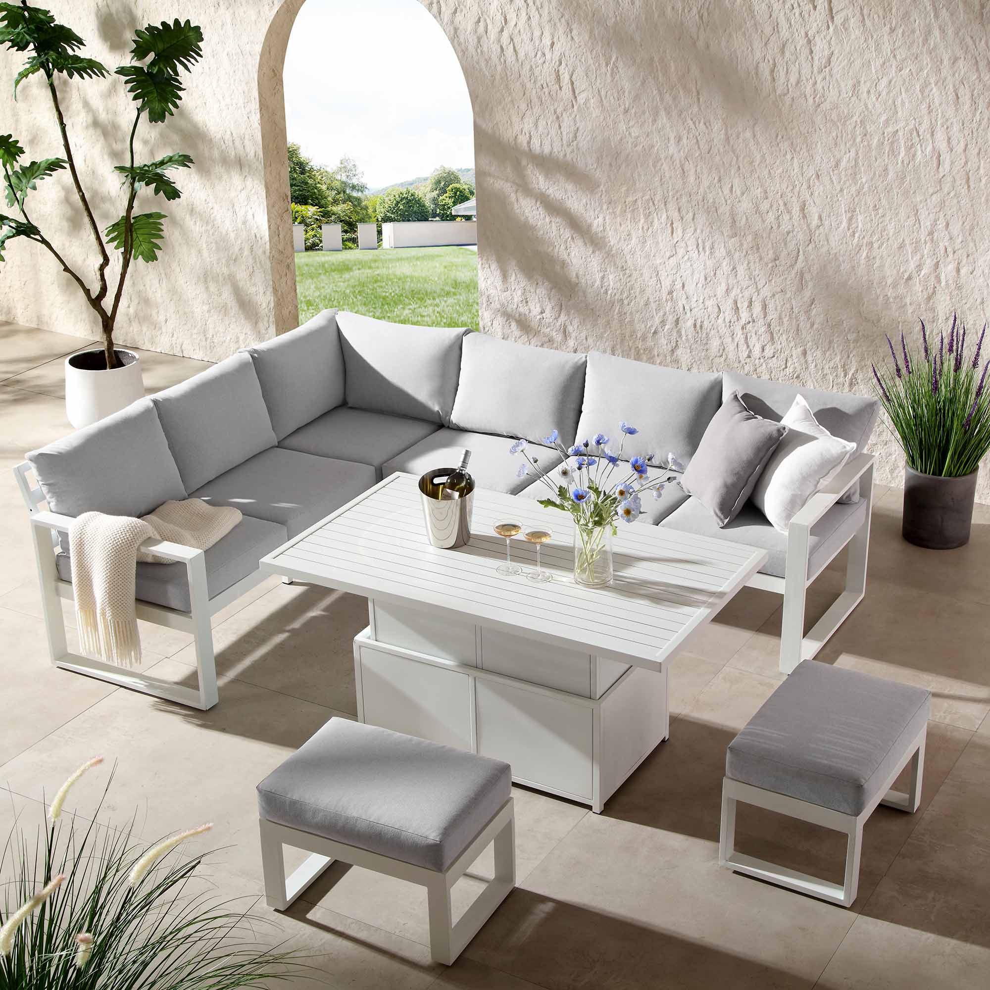 Salone Rising Table Albany Aluminium Large Corner Casual Dining Set with Rising Table, Whi ...
