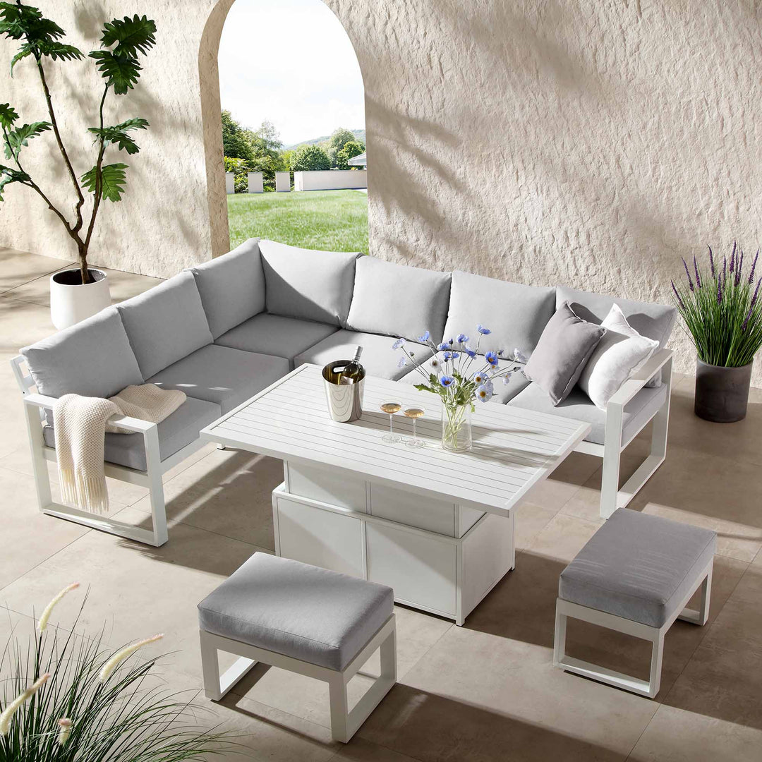 Albany Aluminium Large Corner Casual Dining Set with Rising Table, Whi ...