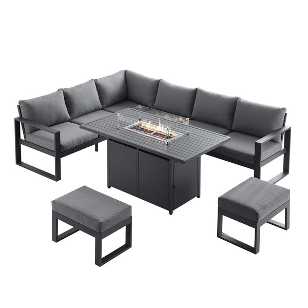 Albany Aluminium Large Corner Casual Dining Set with Firepit Table, Grey