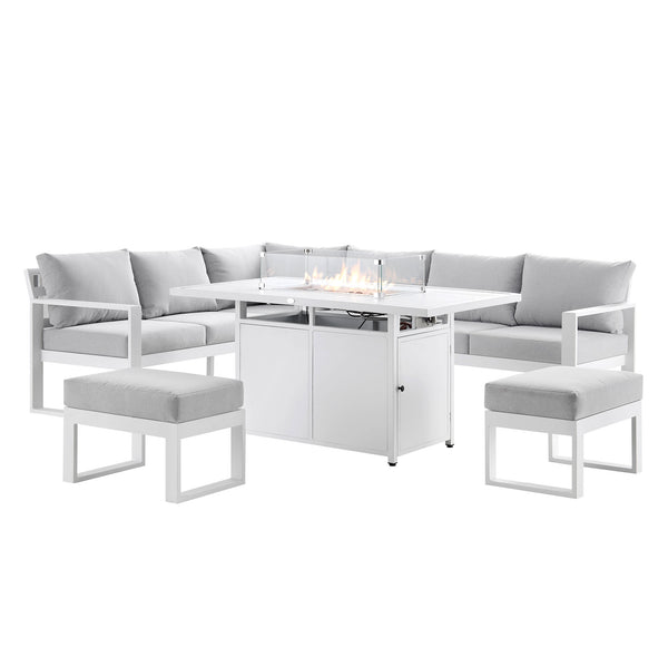Albany Aluminium Large Corner Casual Dining Set with Firepit Table, White