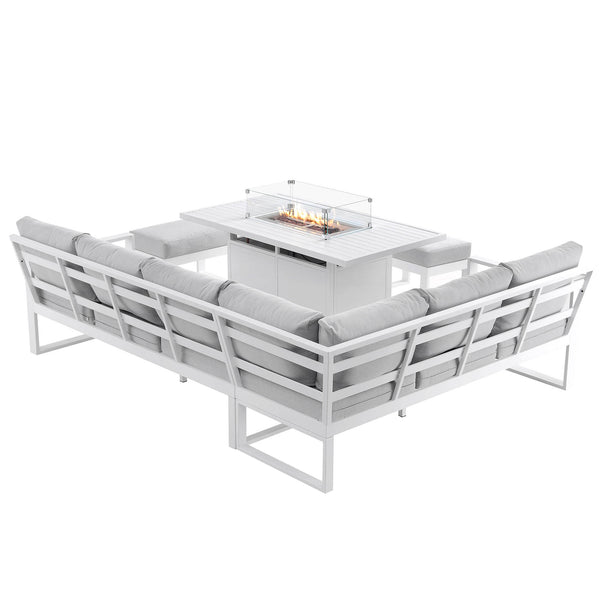 Albany Aluminium Large Corner Casual Dining Set with Firepit Table, White