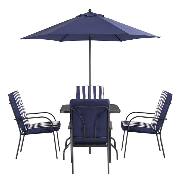 Champneys 4-Seater Steel and Fabric Outdoor Patio Dining Set with Parasol, Navy Blue