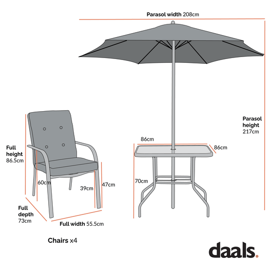 Champneys 4-Seater Steel and Fabric Outdoor Patio Dining Set with Parasol, Sage Green