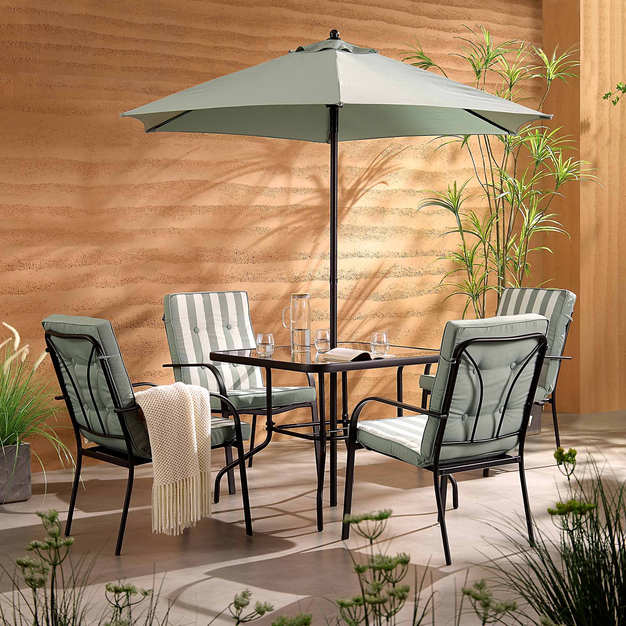 4 seater patio set with umbrella Champneys 4-Seater Fabric Outdoor Patio Dining Set with Parasol, Sage Green