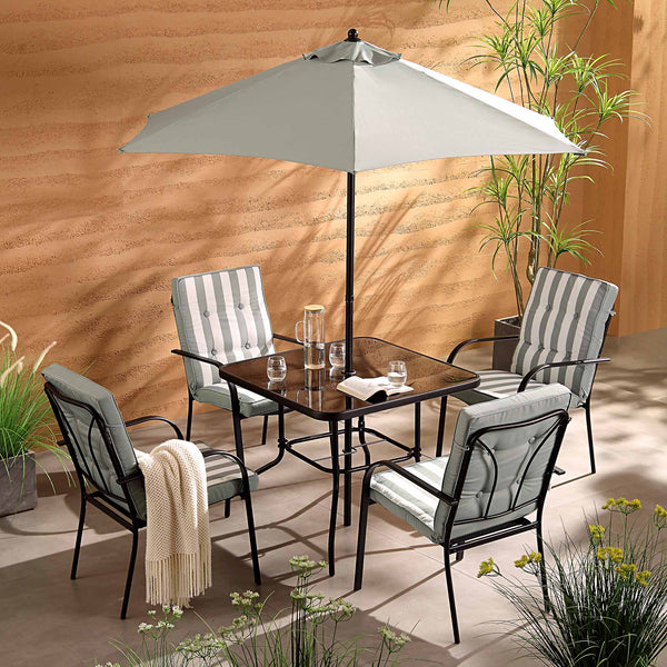 Champneys 4-Seater Steel and Fabric Outdoor Patio Dining Set with Parasol, Sage Green
