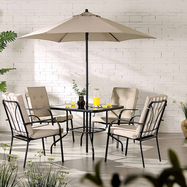 Champneys 4 Seater Steel and Fabric Outdoor Patio Dining Set with Parasol, Taupe