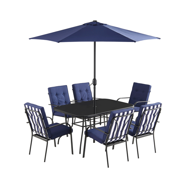 Champneys 6 - Seater Steel and Fabric Outdoor Patio Dining Set with Crank Parasol, Blue - daals