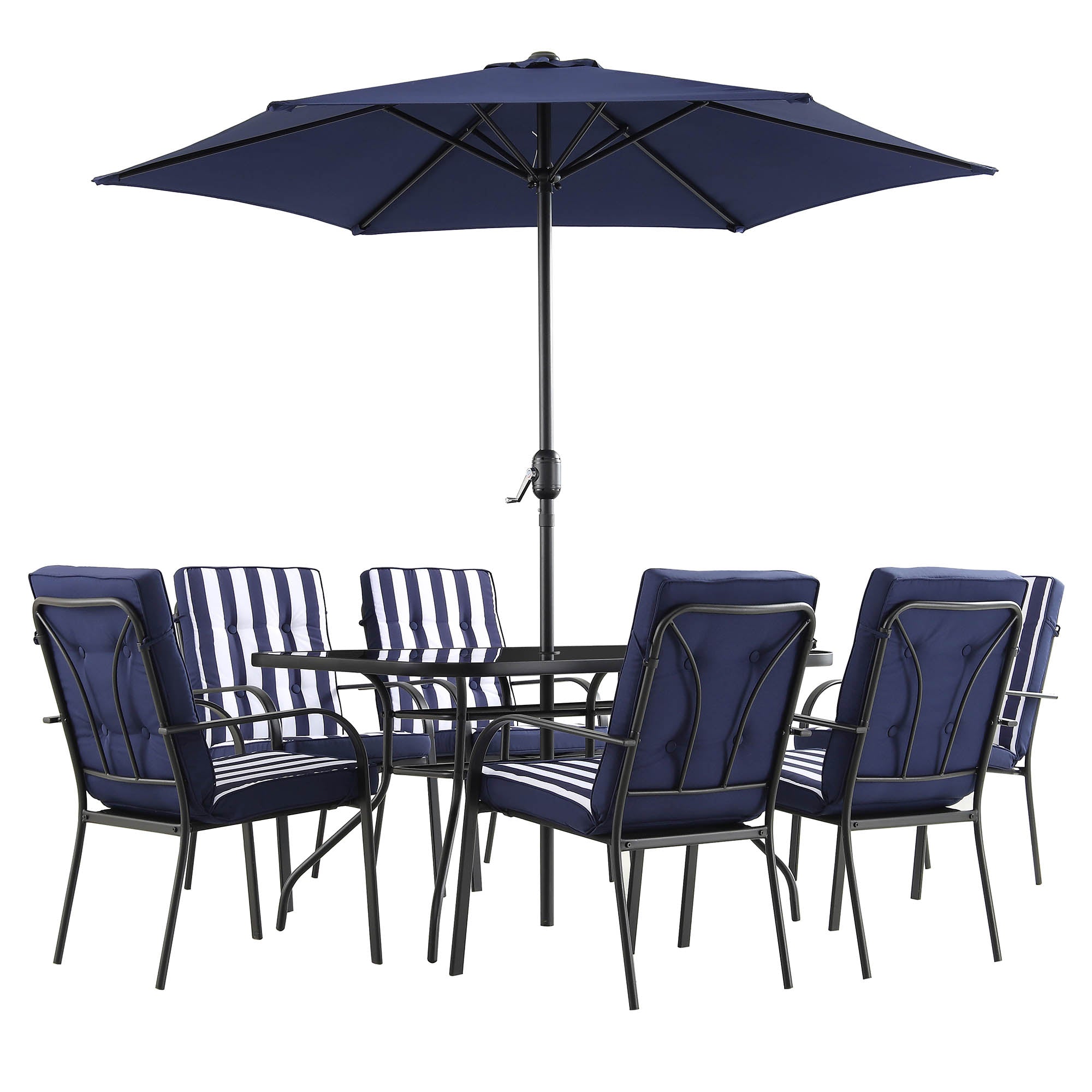 Champneys 6-Seater Steel and Fabric Outdoor Patio Dining Set with Crank Parasol, Blue