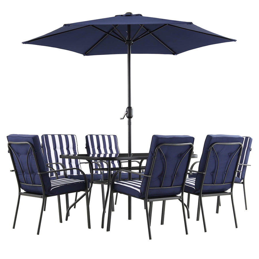 Champneys 6 - Seater Steel and Fabric Outdoor Patio Dining Set with Crank Parasol, Blue - daals