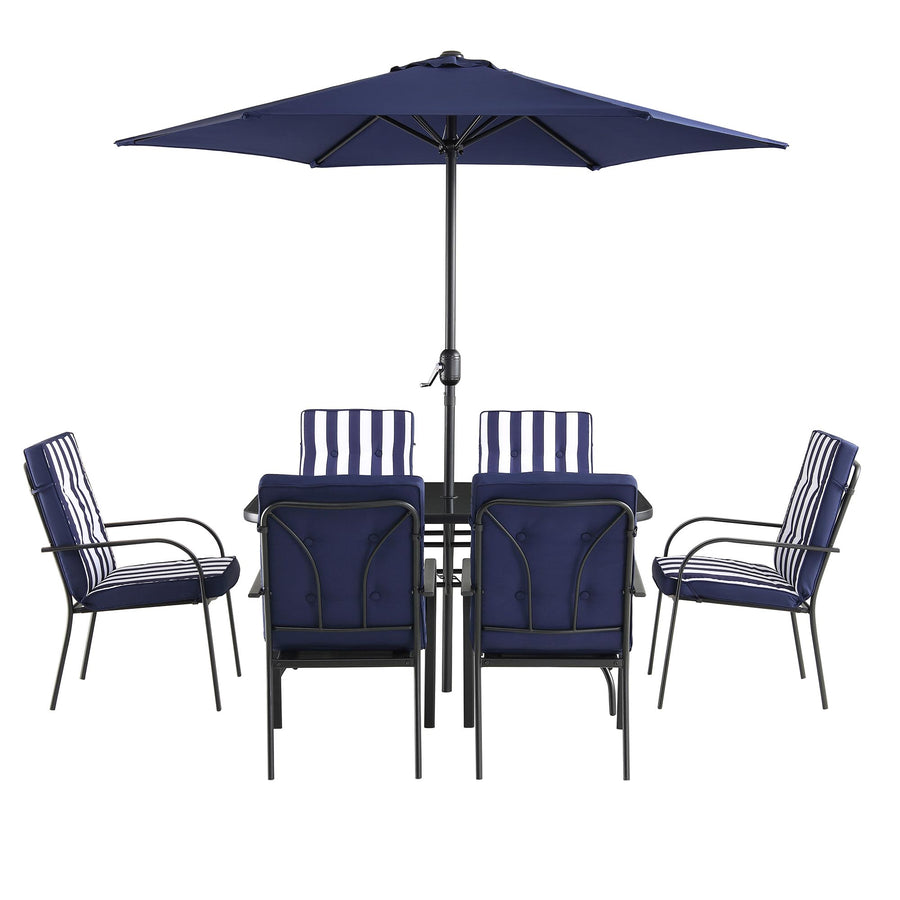 Champneys 6 - Seater Steel and Fabric Outdoor Patio Dining Set with Crank Parasol, Blue - daals
