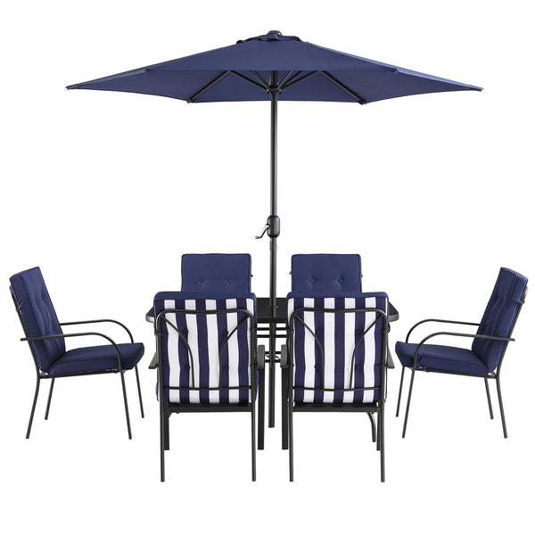 Champneys 6-Seater Steel and Fabric Outdoor Patio Dining Set with Crank Parasol, Blue