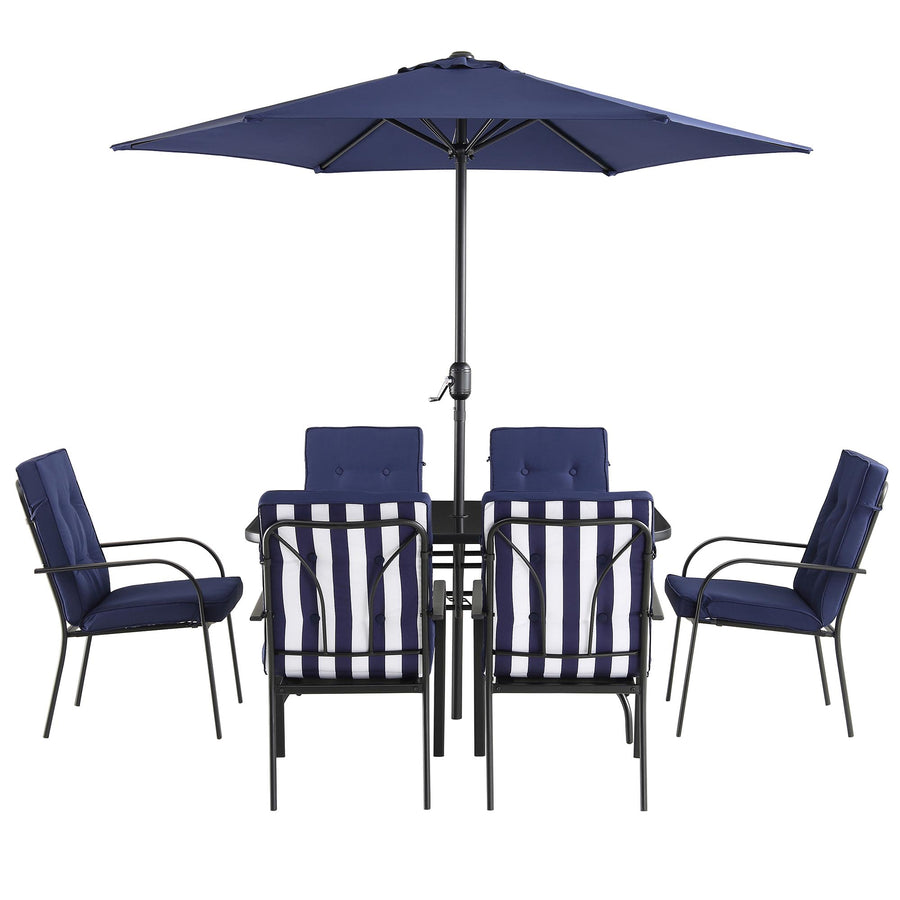 Champneys 6 - Seater Steel and Fabric Outdoor Patio Dining Set with Crank Parasol, Blue - daals