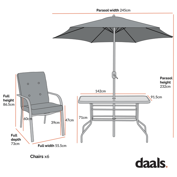 Champneys 6-Seater Steel and Fabric Outdoor Patio Dining Set with Crank Parasol, Blue