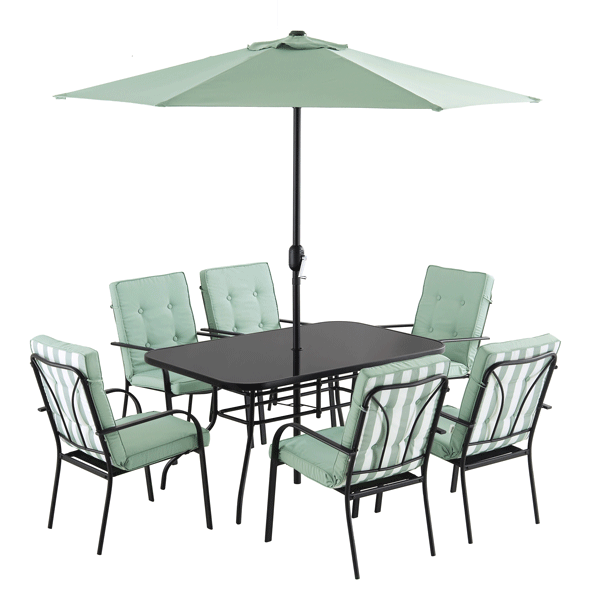 Champneys 6-Seater Steel and Fabric Outdoor Patio Dining Set with Crank Parasol, Sage Green