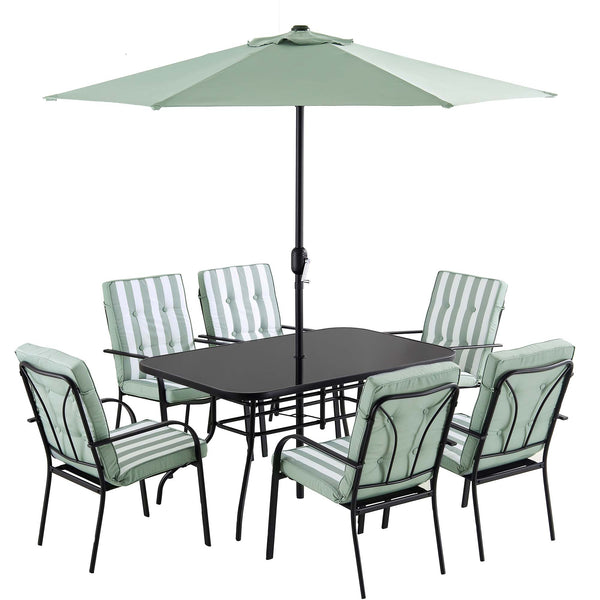 Champneys 6-Seater Steel and Fabric Outdoor Patio Dining Set with Crank Parasol, Sage Green