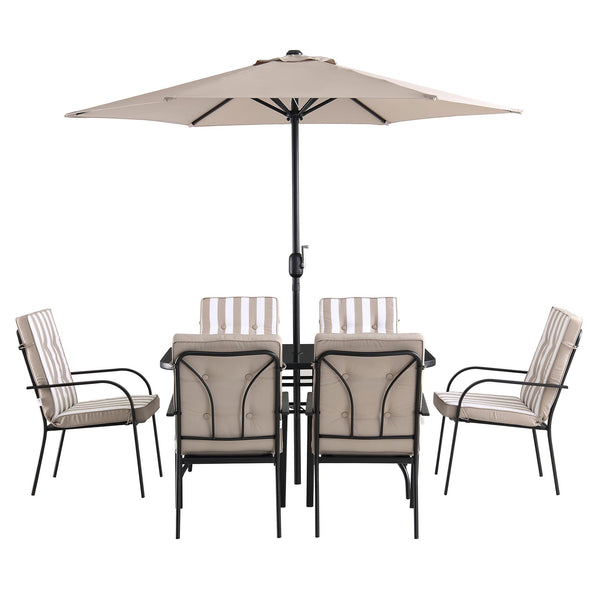 Champneys 6-Seater Steel and Fabric Outdoor Patio Dining Set with Crank Parasol, Taupe