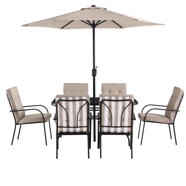 Champneys 6-Seater Steel and Fabric Outdoor Patio Dining Set with Crank Parasol, Taupe