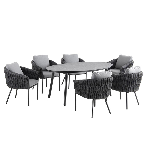 Montebello 6-Seater Outdoor Black Rope and Aluminium Oval Dining Set with Grey Ceramic Dining Table